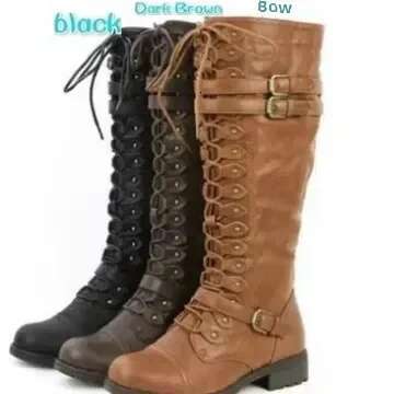 Knee High Women Autumn Woman Winter Lace Up Vintage Flat Shoes Sexy Steampunk Leather Retro Buckle Ladies Snow Boots