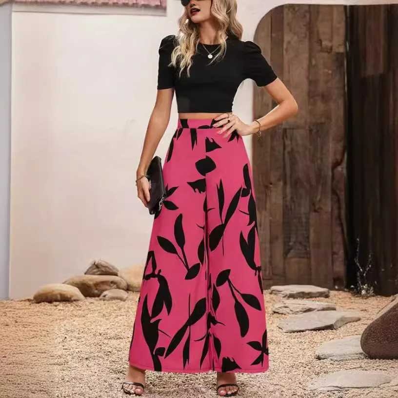 Casual Printed Wide Leg Pants for Womens Fashion Street High Waist Simple Pants for Womens Bohemian Loose Full Match Pants BlackC250425
