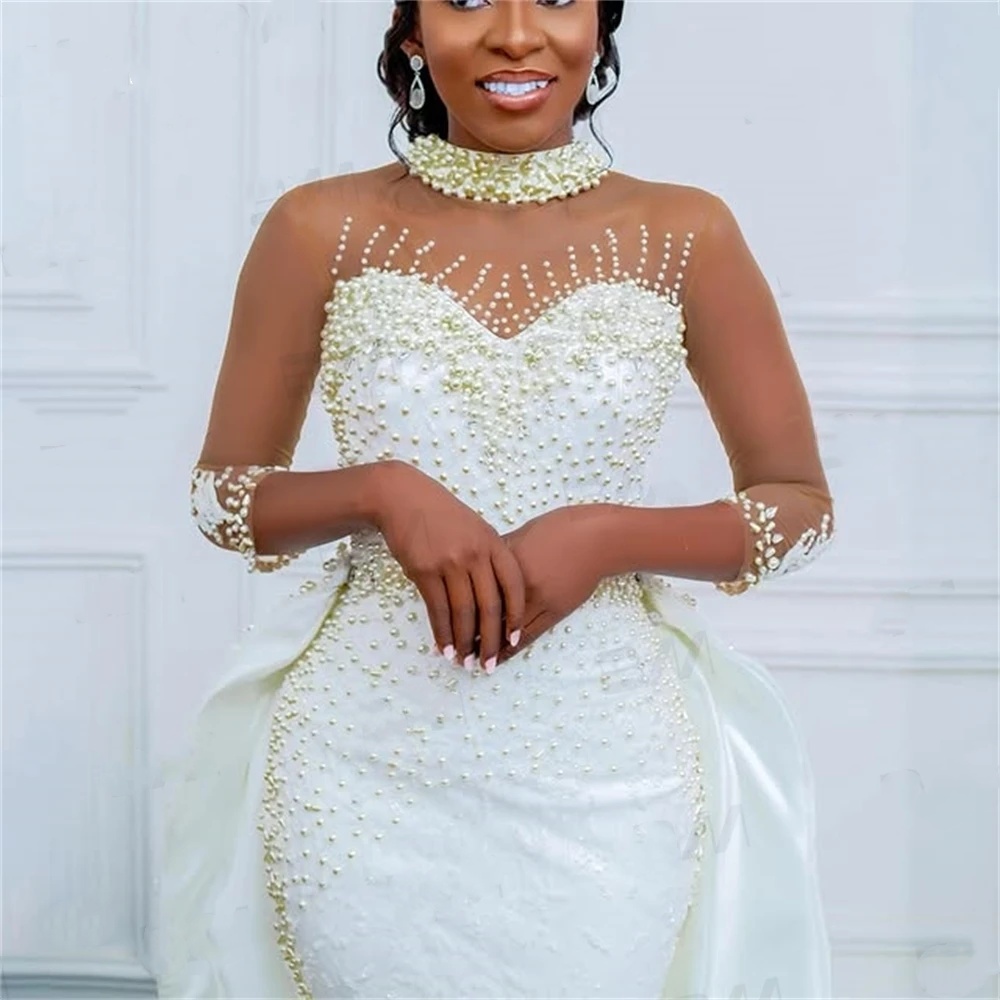 Elegant A Line Women Wedding Dress High Collar Long Sleeves Bridal Gowns Pearls Detachable Train Dress Custom Made