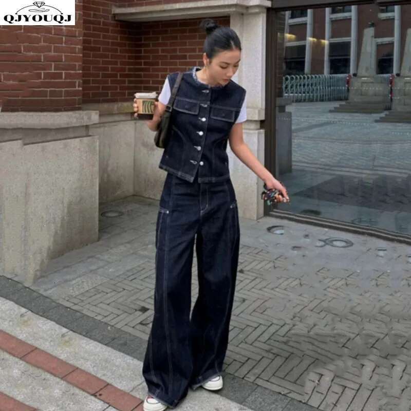 Hong Kong Style Denim Vest Spring New Item Retro Simple Loose Straight Wide Leg Pants Two-Piece Set Trendy