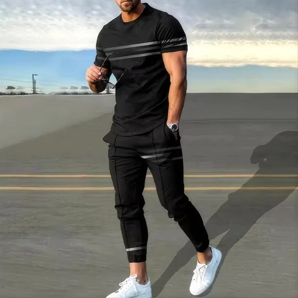 Summer mens sportswear set short sleeved T-shirt long pants two-piece set mens sportswear 3D printing casual trend exceeds the standard 250422