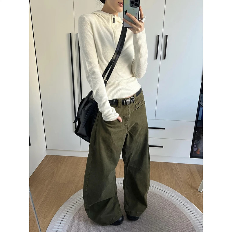 Spring 2025 Womens Jeans High Waist Bag Casual Retro Y2K Army Green Straight Pants American Wide Leg Cowboy Trouser 250417