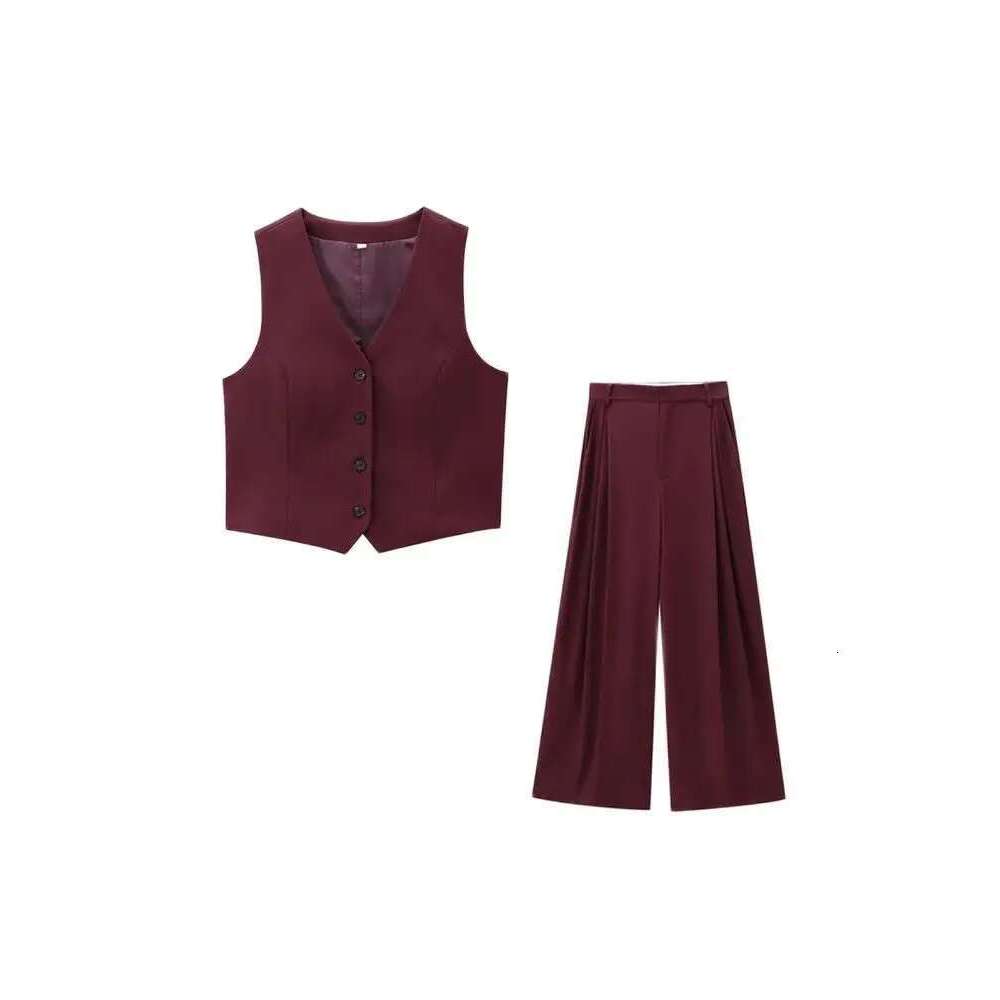 Trza-Women's Front Button Fitted Waistcoat And High Waist Pleated Wide Leg Pants, Female Two Piece Sets, Fashion