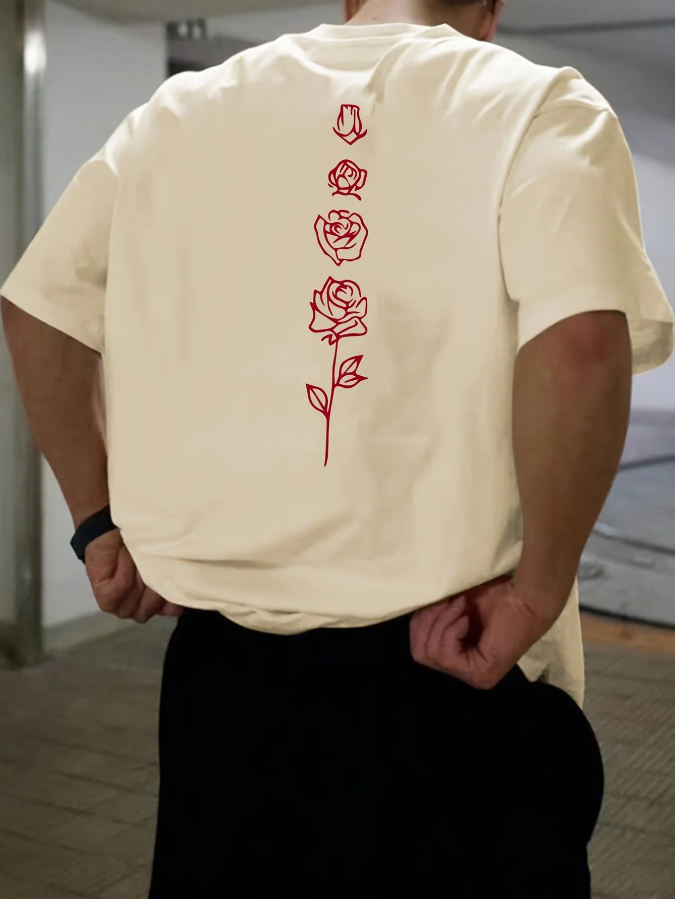 Mens Summer Loose Set 100 Cotton Rose Pattern Printed T-shirt Top 250423