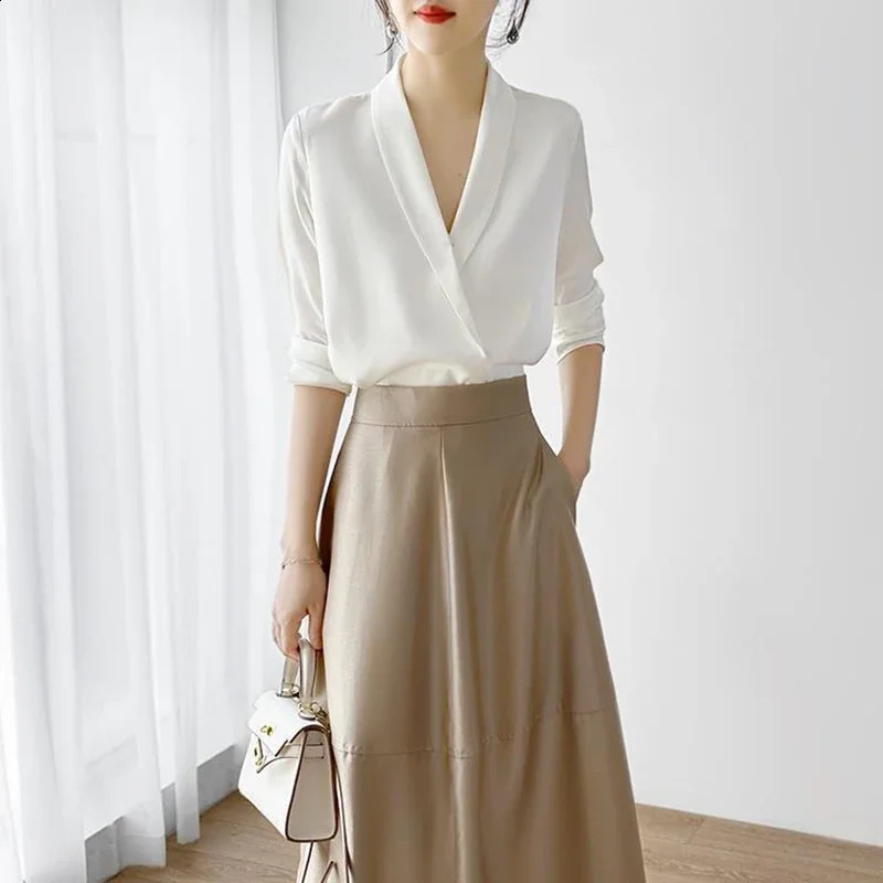 Womens Tunic V-neck solid color elegant top for spring and autumn office womens silk satin solid color black and white long sleeved womens shirt 25041