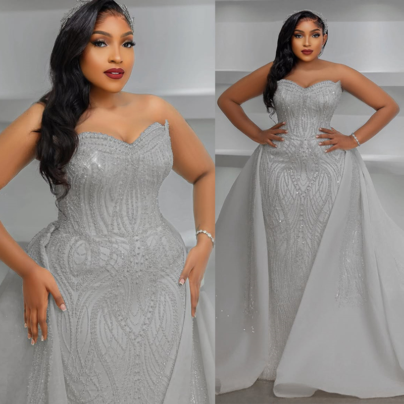 2024 Plus Size African Mermaid Wedding Dress Bridal Gowns For Bride Illusion Detachable Train Sweetheart Beaded Lace Rhinestones Wedding Gowns For Bla