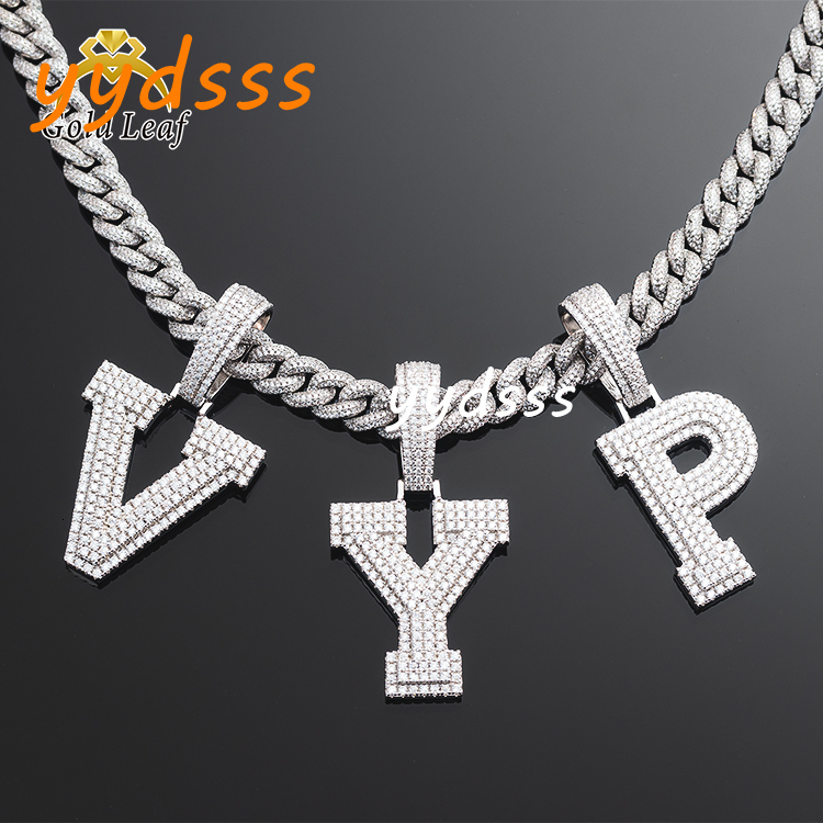 Custom Initial Letter Pendant VVS Moissanite Diamond 925 Sterling Silver Gold Plated Hiphop Jewelry Cuban Chain Men