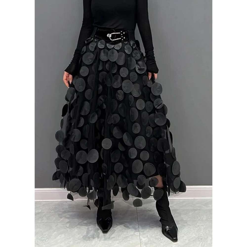 Women Polka Dot 3D Design Tulle Mesh Vintage Elastic Waist Long A-Line Tutu Skirt