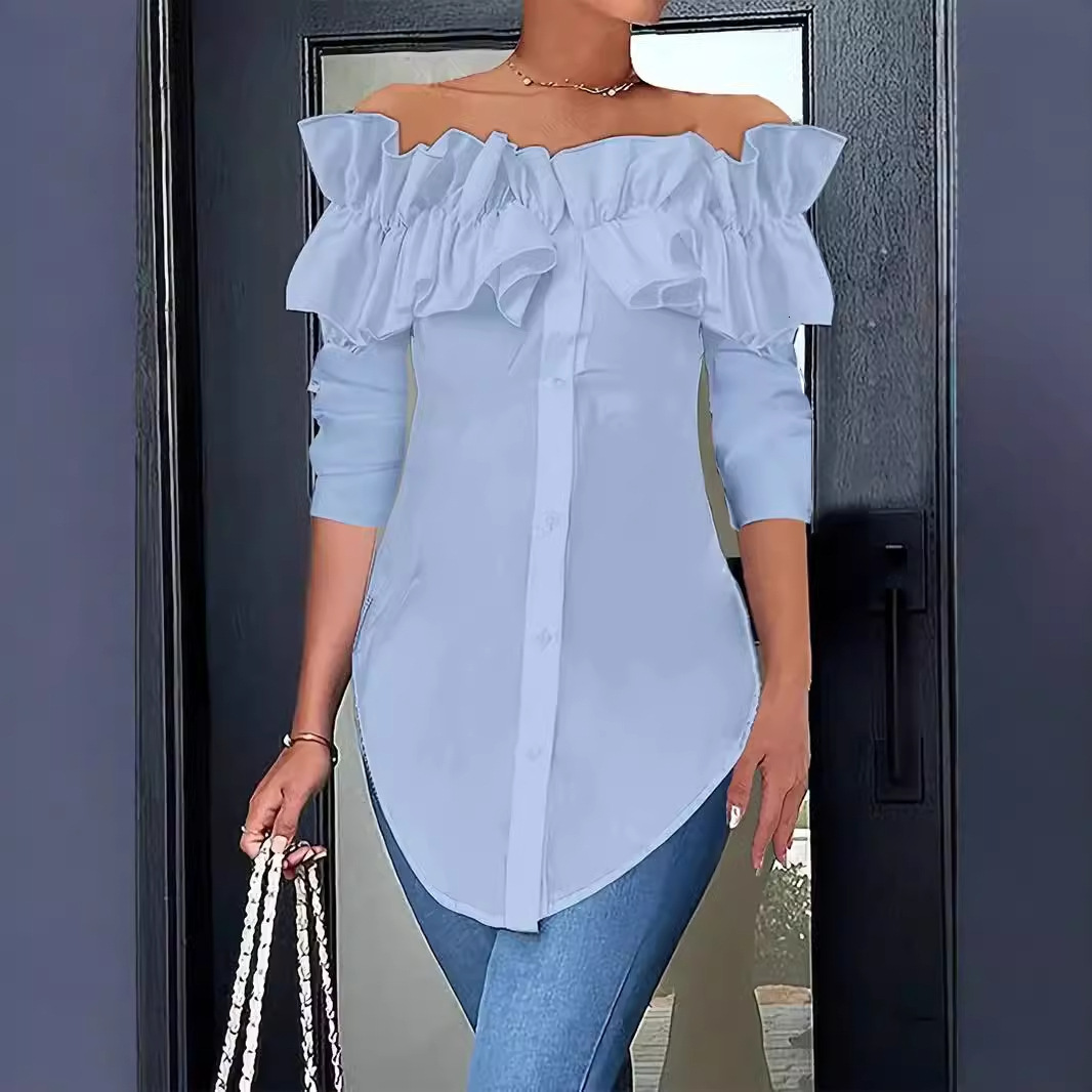 2024 autumn simple solid color one shoulder lotus leaf edge shirt top for women