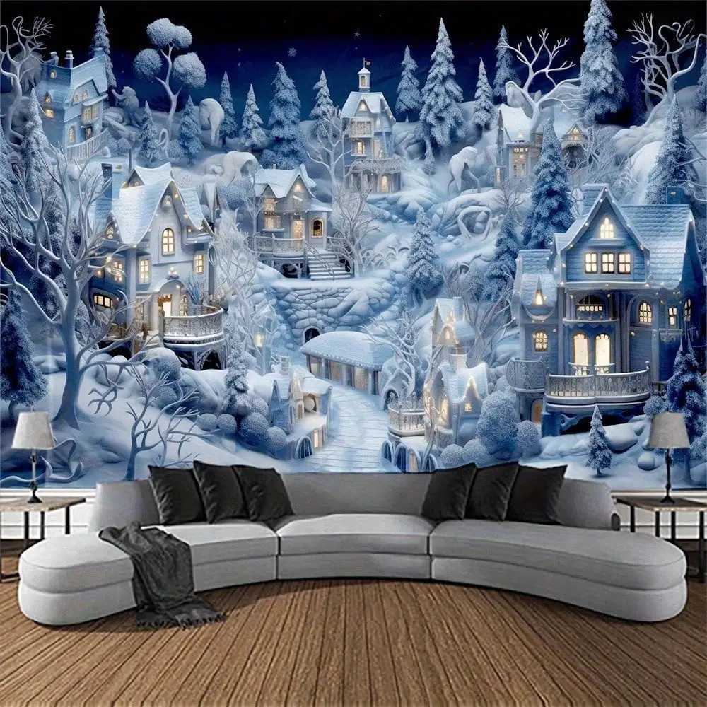 1pc Winter Tapestry Snow Village Christmas Scene Wall Hanging for Living Room Bedroom Decor Back-to-school season Autumn giftsM251125