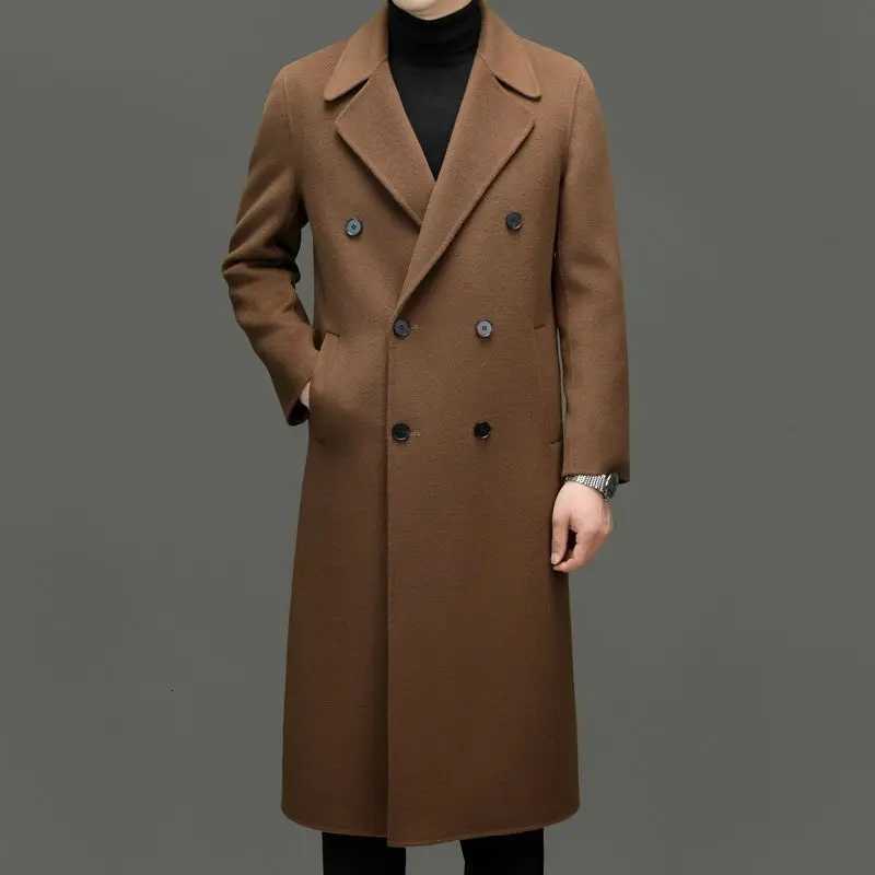 Mens Long Double Faced Wool Coat Over Knee Double Breasted Wool Trench Outerwear for Autumn WinterT251125