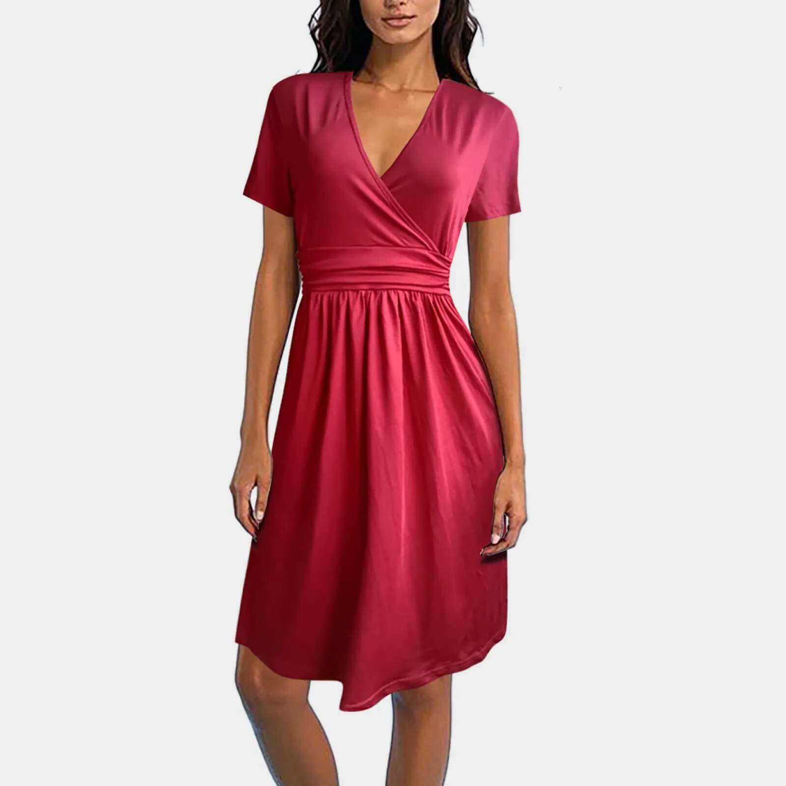 Dongdumaoyi Womens Summer Party Dress Solid V Neck Short Sleeve Casual Dresses For Woman Elegant Loose Swing Pleated Belt Vestidos