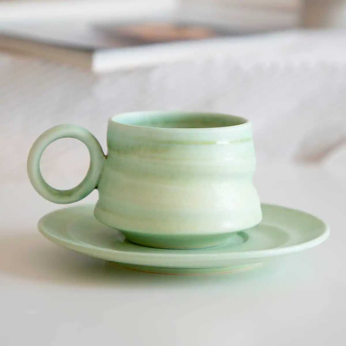 250ML Mint Green Matte Coffee Cup Plate Set Afternoon Tea Cup And Dish Sets Round Handle Water Cup Mug With Tray Y251125