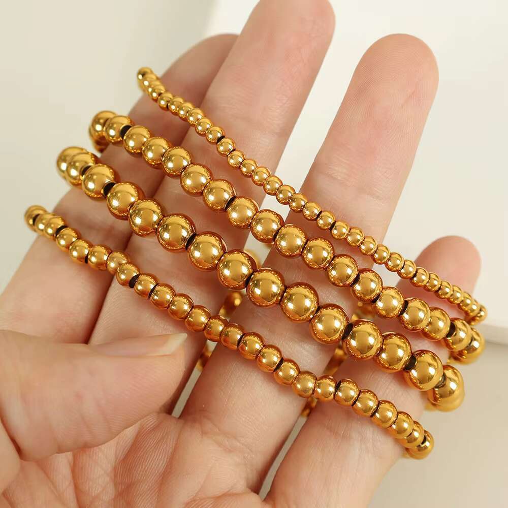 DHCollections JEWELRY SL60 Hot Sale Bean Beaded Hundred Titanium Steel Plated Gold Round Beads Stretch Bracelet