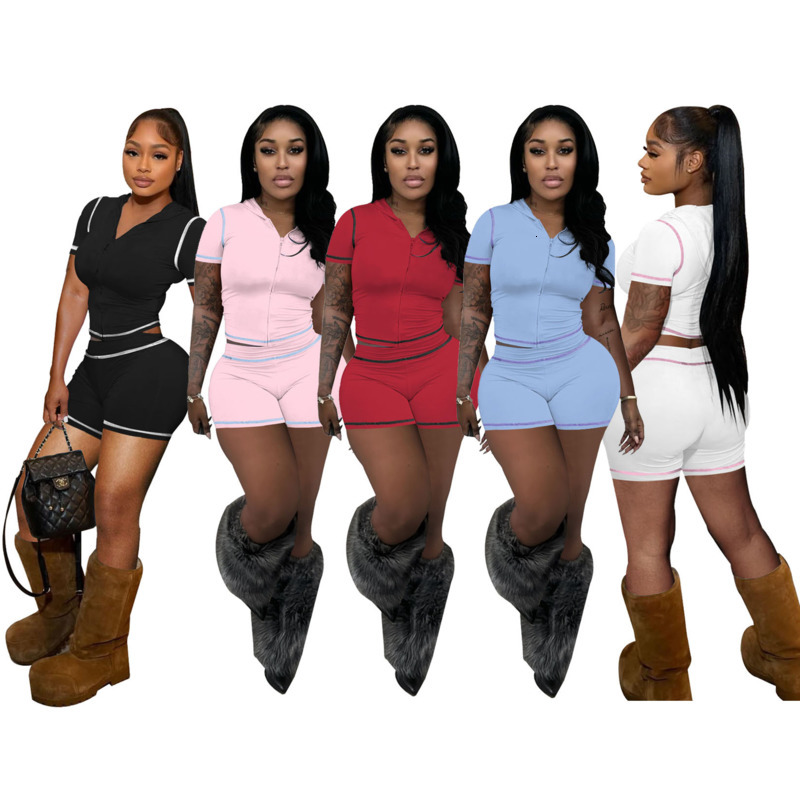 Women Tracksuits Two Pieces Set 2025 New Fashion Summer Zipper Hooded Cardigan High Elasticity Sports Casual Short Sleeve Shorts Hot Girl Sportwear