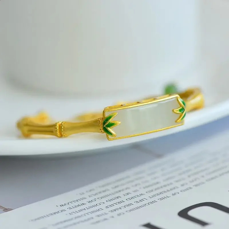 Classic Natural an Jade Leaf Bamboo bracelet for women Square Enamel quietly elegant Style bangles Banquet Jewelry 250424