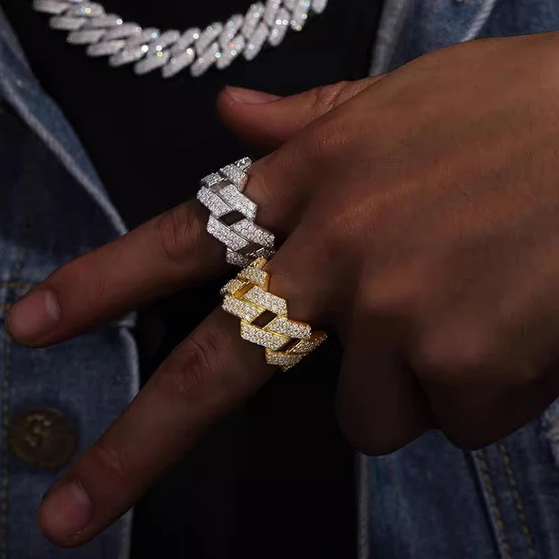 TrendMen Hiphop Rock Cuban Link Chain Zirconia Copper Rings For Men Boys Gold Color Metal Crystal Fingers Party Jewelry Gifts 250425