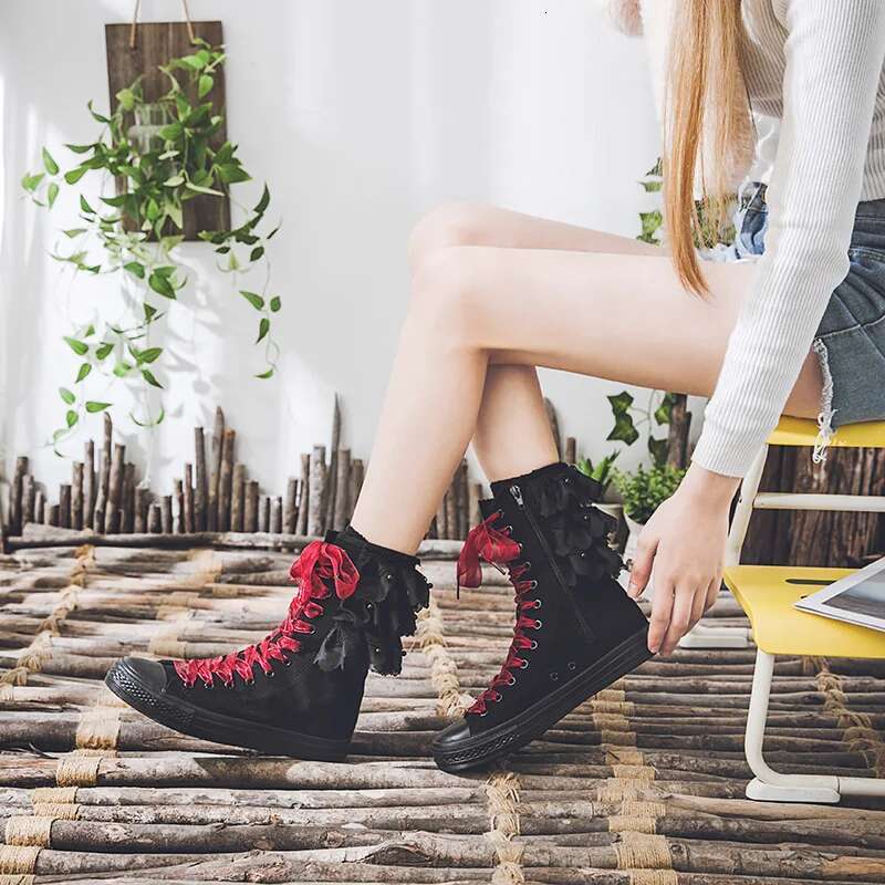Spring medium-sized lace pearl color ribbon lace-up side zipper canvas shoes casual flat inner heightening large size women shoe