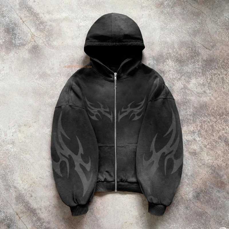 Black printed hoodie mens personalized pattern design Y2k casual cotton sportswear American street style couple jacket w250425