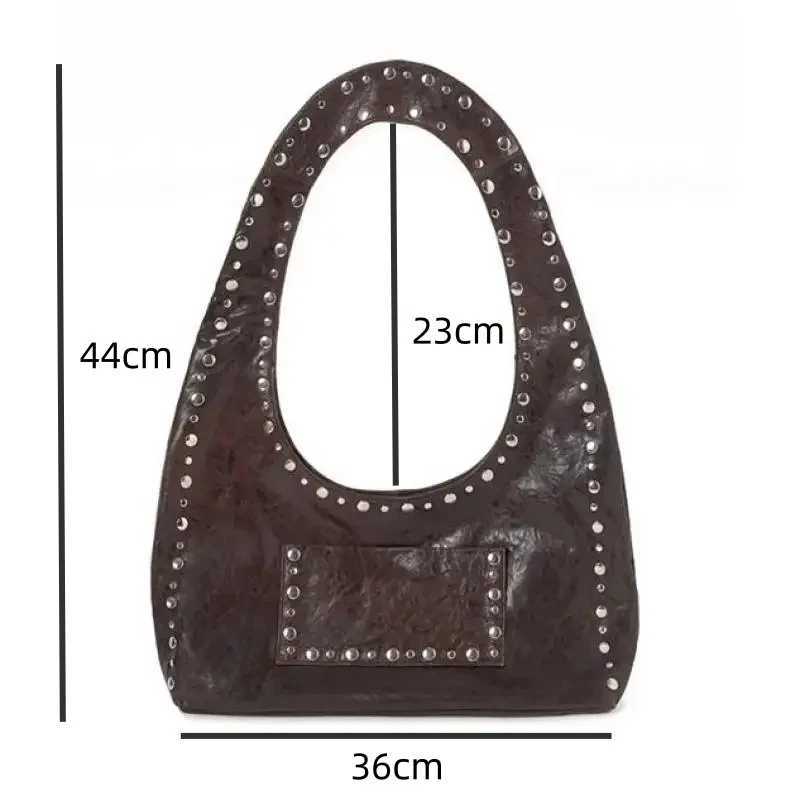 Rivet decoration design retro shoulder bag large pocket American punk handbag PU retro lingerie bag high-capacity womens handbag W250421