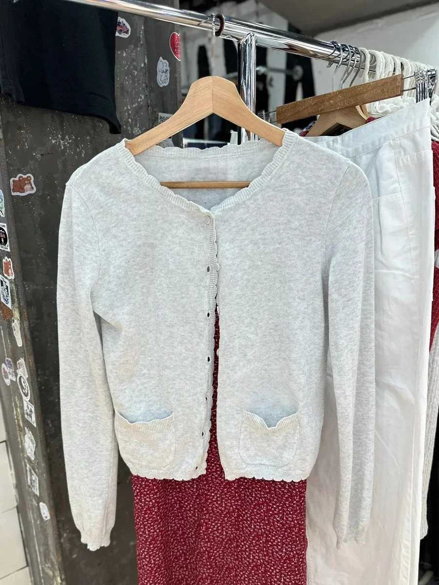 Gray Pockets Knitted Sweater Cardigan Women Autumn Cotton Round Neck Long Sleeve Sweaters Sweet Preppy Style Knitwear Y2K TopsT251125