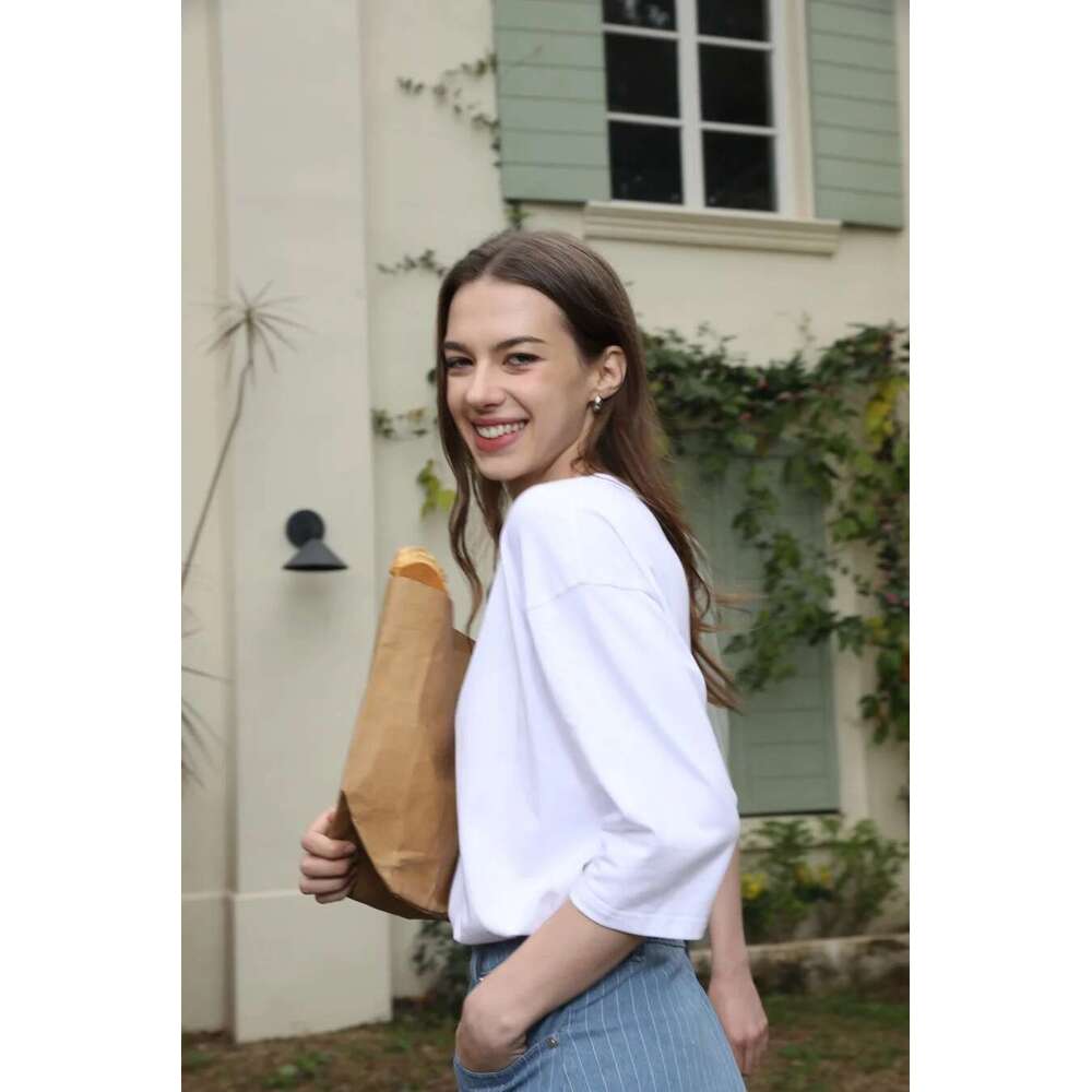 AS 2025 Summer Loose Design Drop Sleeves Boxy Tee V Neck Casual Style High Quality Fabric Woman Clothes