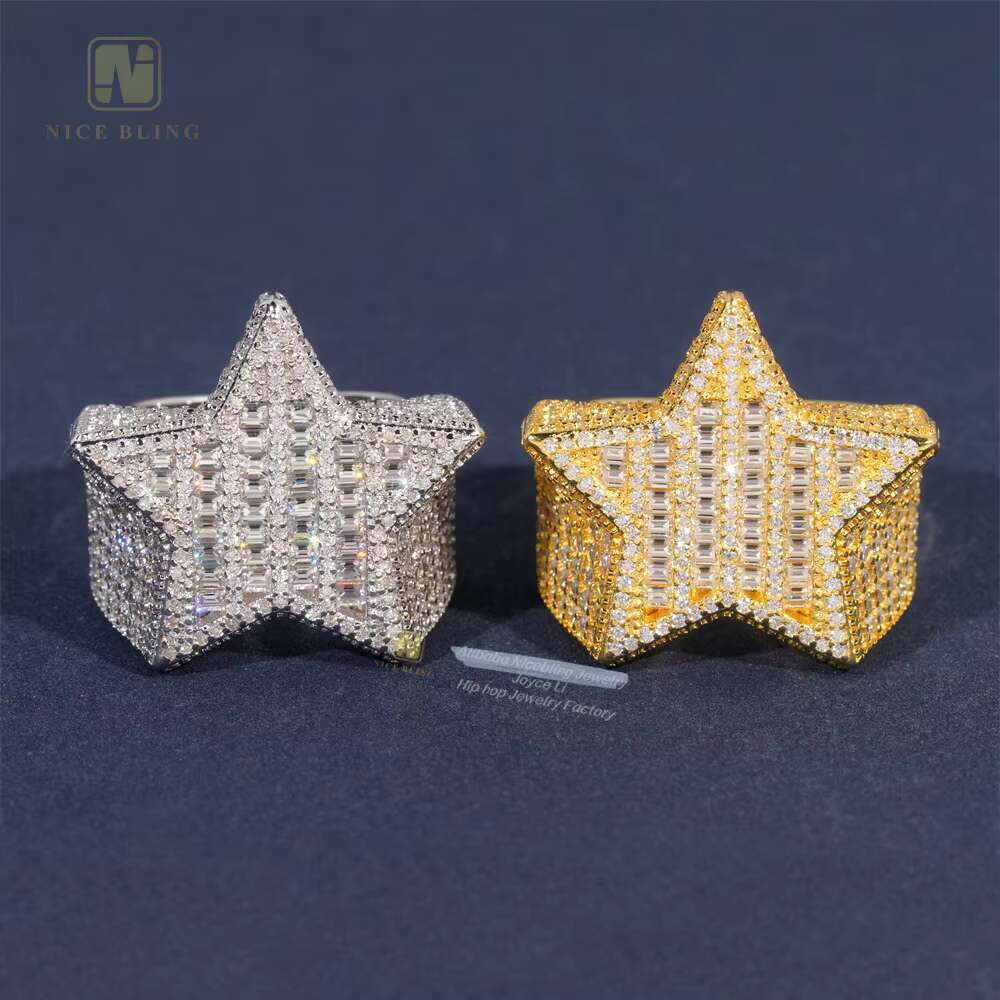 Luxury Fashion Jewelry 925 Sterling Silver VVS Baguette Moissanite Diamond Men Rings Hiphop Bling Iced Out Star Ring
