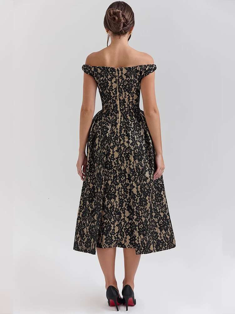 Dongdumaoyi Townlike Print Waist Wrap A Line Pleated Dress Women Summer Midi Long Off Shoulder Nightclub Sexy Party Dresses
