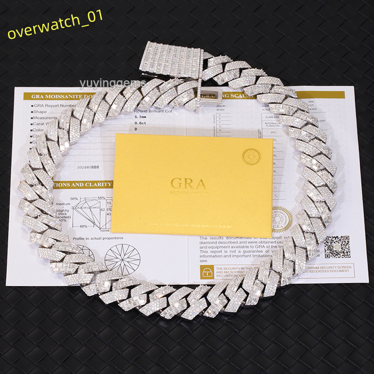 Yu Ying 22mm Wide Baguette Moissanite Diamond 18K Gold Plated Solid Silver Necklace Cuban Link Chain