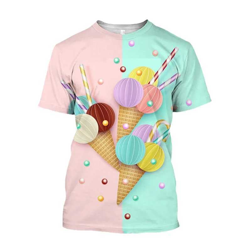 Ice cream 3D printed T-shirt mens strawberry chocolate graphic T-shirt unisex funny food casual short sleeved top cartoon T-shirt W250425