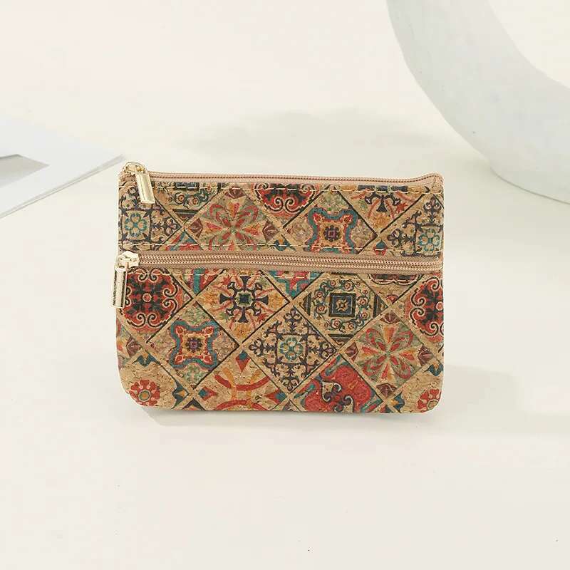 Vintage Fashion Cork Grain Printing Coin Purse Small Wallet Money Key Storage Wood Casual Nostalgic Double Zipper Clutch Bag