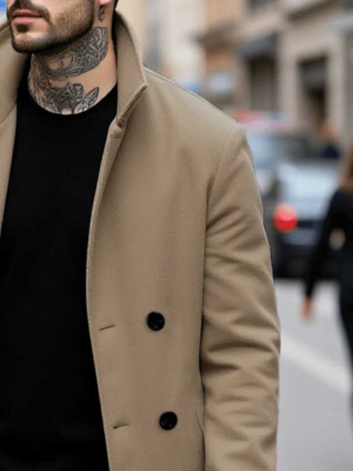 Mens Streetwear Wool Coat Double-Breasted Retro Design Thickened Tweed with Warm Stand Collar ManswearT251125