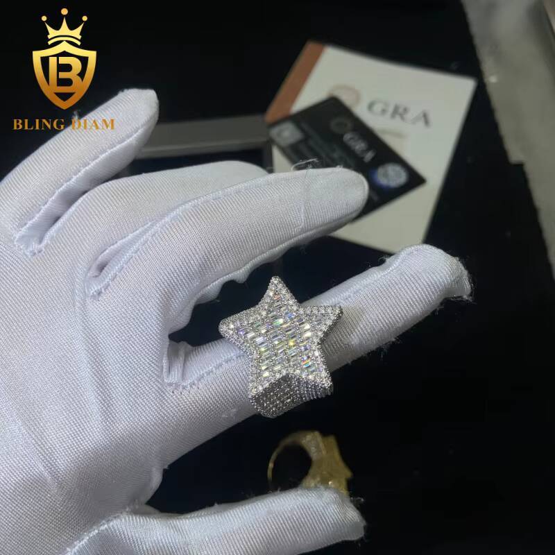925 Sterling Silver Moissanite Ring Star-Shaped Ring Iced Out Moissanite HipHop Style Jewelry Ring Pass Diamond Test in Stock
