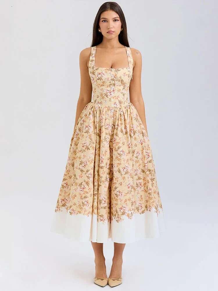Dongdumaoyi Townlike Print Waist Wrap A Line Midi Long Dress Women Spaghetti Strap Spring Summer Nightclub Sexy Party Dresses