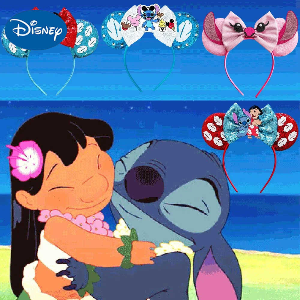 Disney Cute Disney Lilo Stitch Ears Hairdo Female Cartoon Anime Angel Headband Girl Birthday Gift Glitter Bow Hair Accessories Children X250425