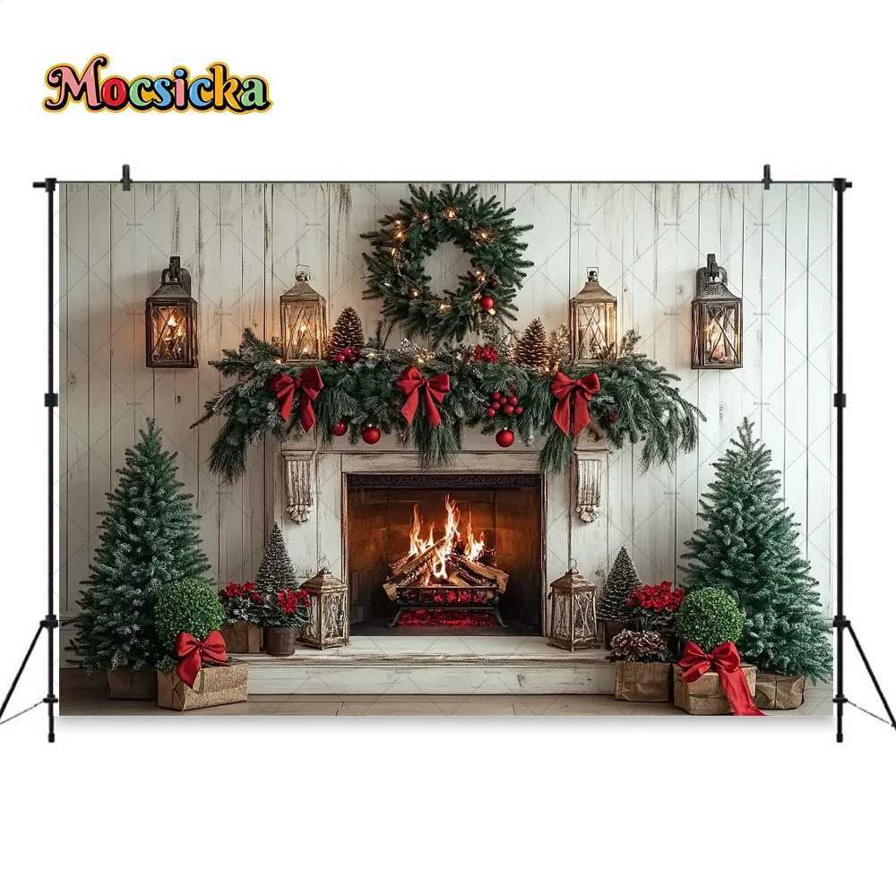 White Christmas Fireplace Room Background Photography Xmas Tree Garland Red Bow Lantern Backdrop Winter Family Photozone StudioM251125