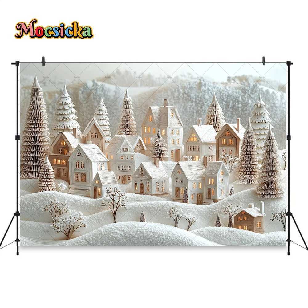 Mocsicka White Christmas Town Background Photography Snowy Houses Xmas Tree Frozen Backdrop Kids Winter Cake Smash Photo StudioM251125