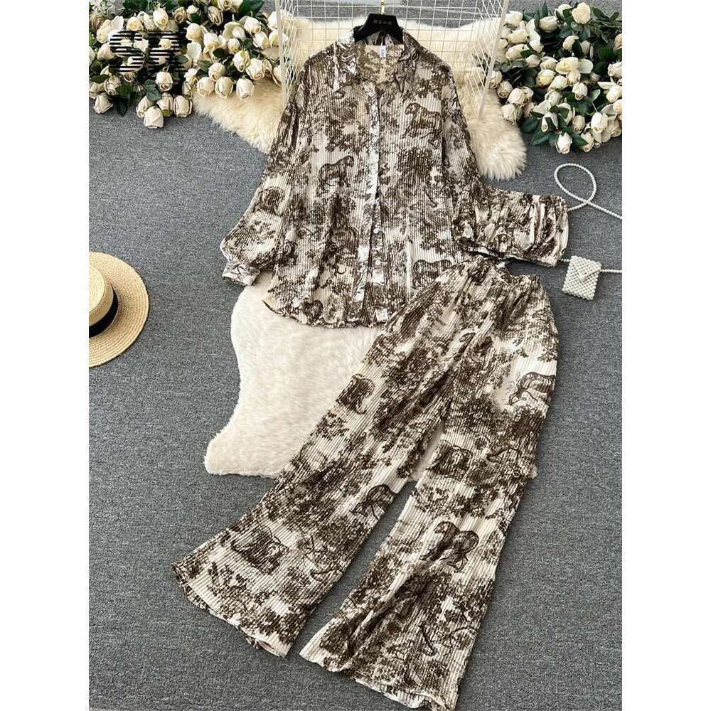 SINGREINY Pleated Three Piece Sets Women Long Sleeve Cardigan Strapless Slash Neck Crop Top Elastic Waist Wide Leg Pants Suit