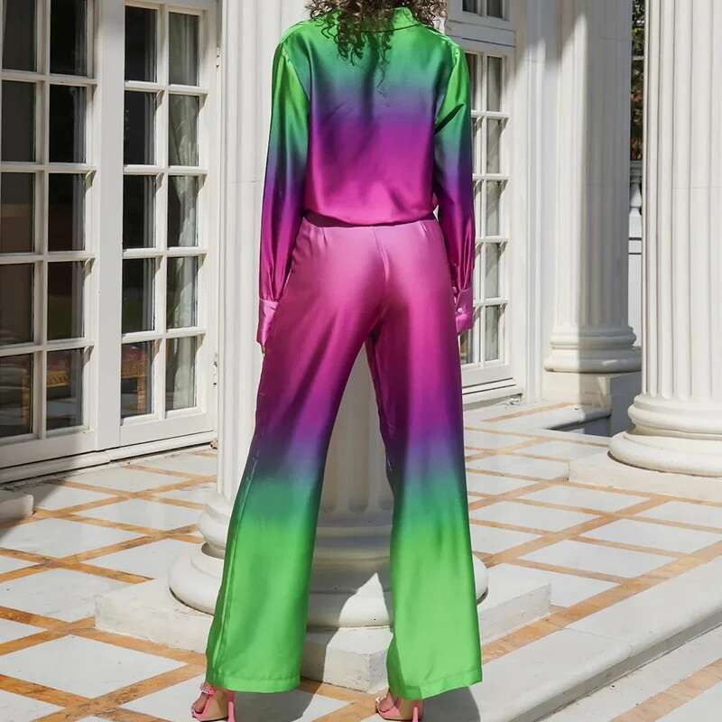 Fashion Gradient Print Two Piece Set For Women Lapel Buttons Shirt And Long Pants Outfits Spring Summer Office Lady Casual Suits