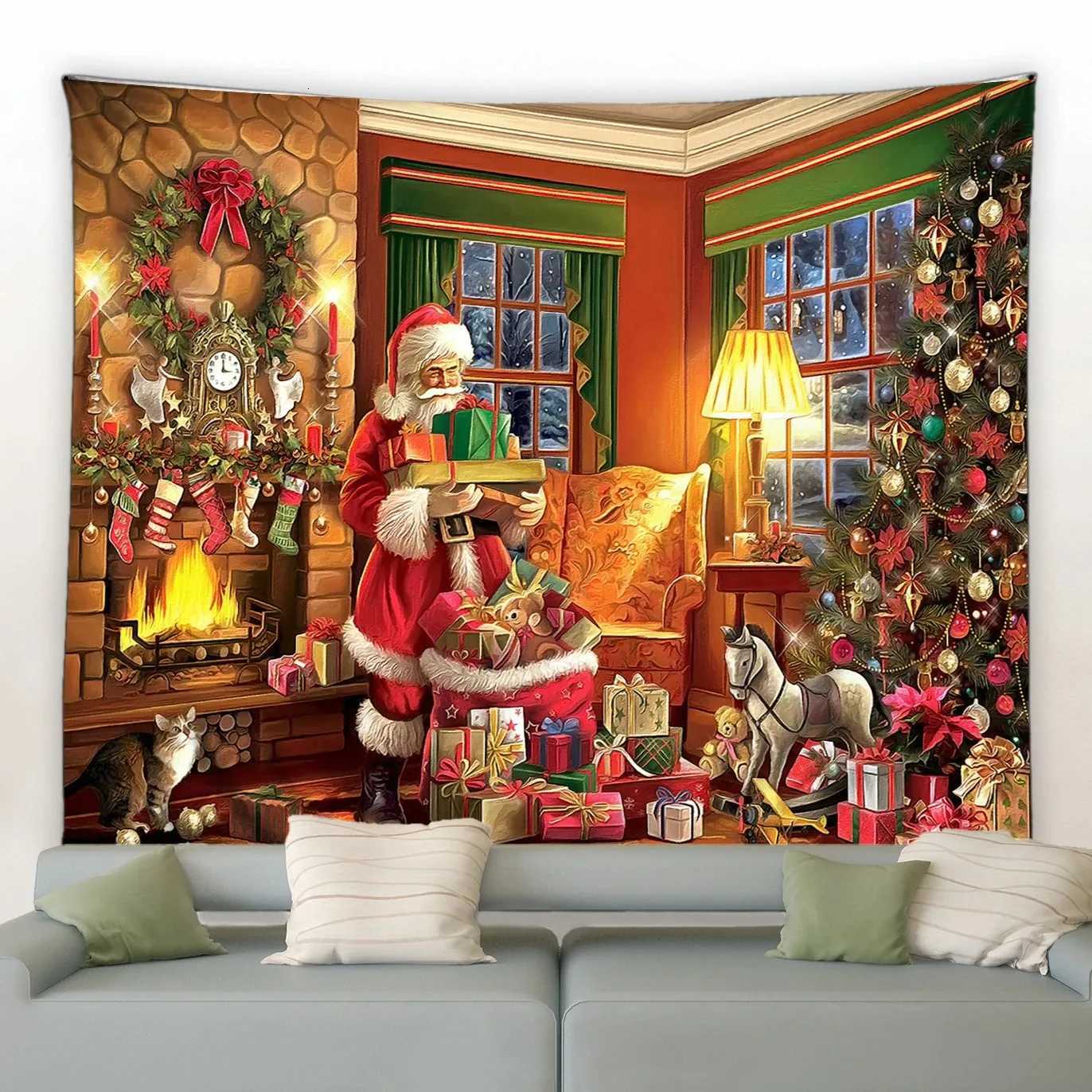 Christmas Tapestry Santa Claus Elk Christmas Tree Snow House Snowman Background Wall Hanging Tapestries Holiday Decor BlanketM251125