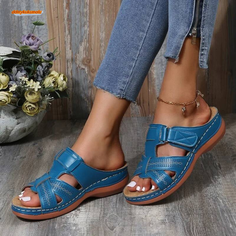 2023 Women Wedge Premium Orthopedic Open Toe Sandals Vintage Anti-Slip Leather Casual Female Platform Retro Shoes ddmykukumalu