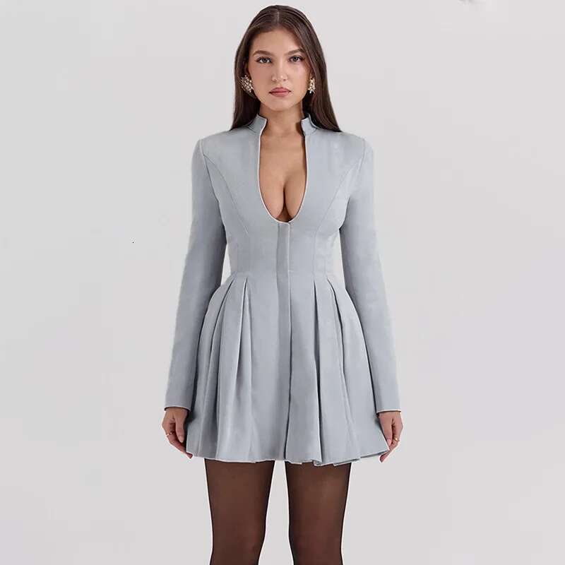 Dongdumaoyi Townlike Elegant Waist Wrap Pleated A Line Dress Women Mini Autumn Winter V Neck Nightclub Sexy Party Dresses