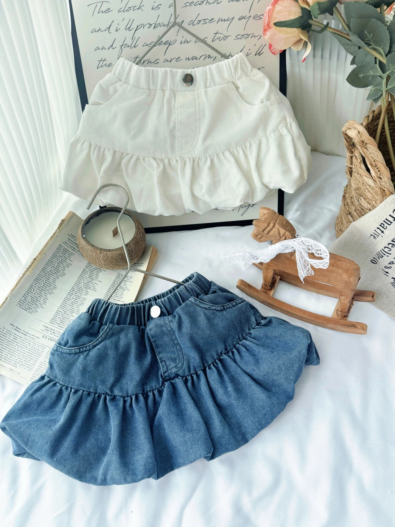 Korean Style Spring Childrens Clothing Retro Denim Solid Color Polka Dot Half Short Skirt Suitable for Girls Flower Embroidery 250424