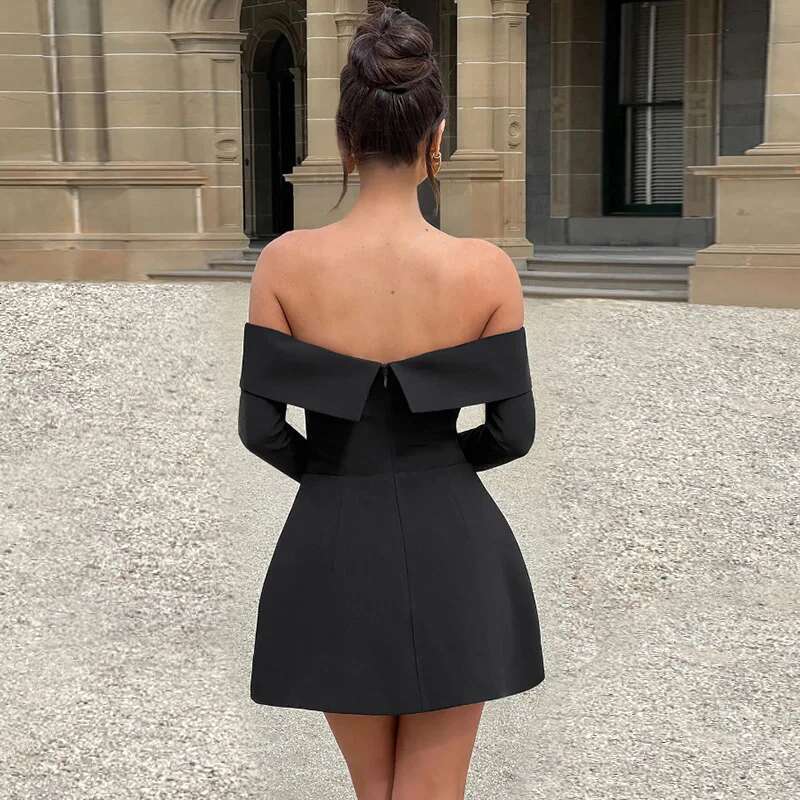 Townlike Poskets Waist Wrap A-line Women Off Shoulder Mini 2024 Autumn Winter Dress Backless Nightclub Sexy Party Dresses