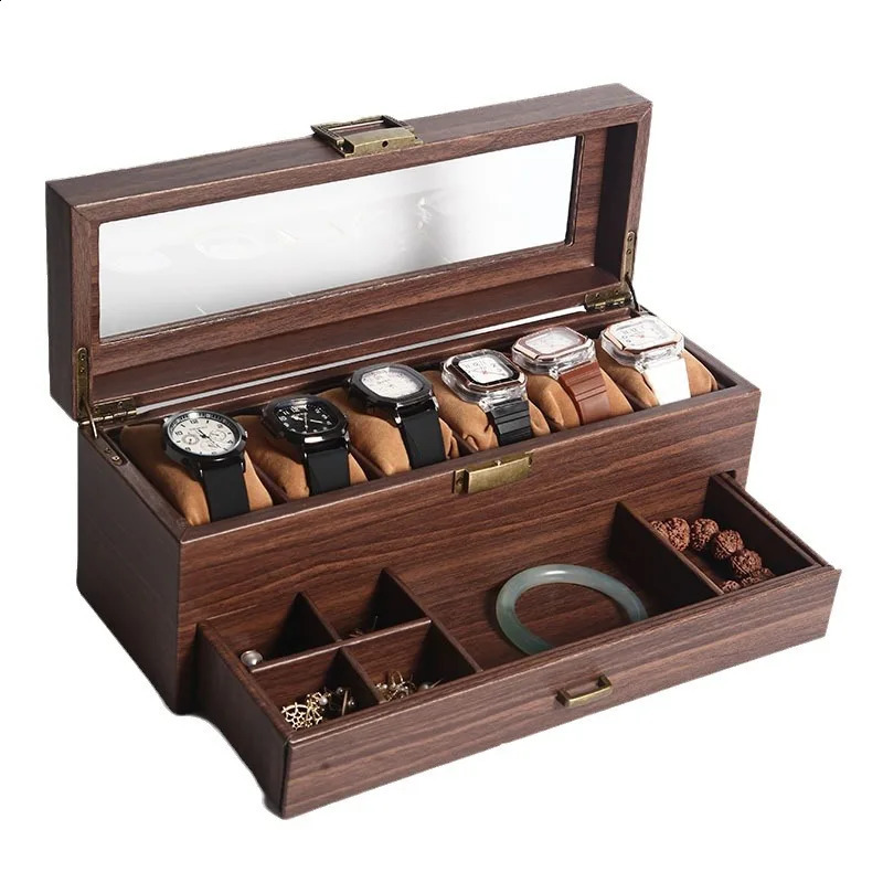 Wood Grain Leather 6-position Watch Storage Box Watch Box Double-layer Collection and Storage Jewelry Box 250424