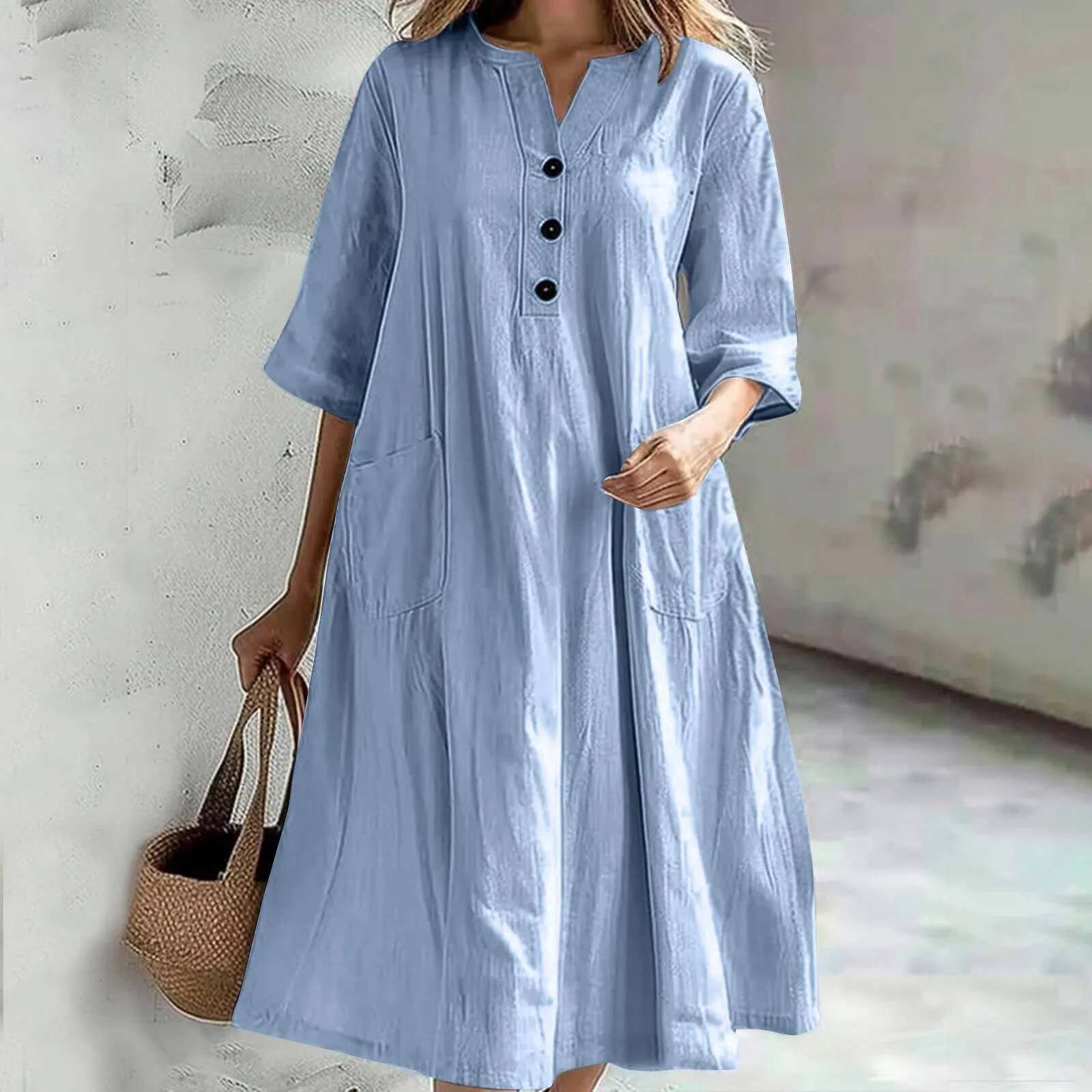 Dongdumaoyi Spring Cotton Linen Dress Women V Neck Button Short Sleeve Loose Dresses Female Elegant Casual Trendy Clothes Summer