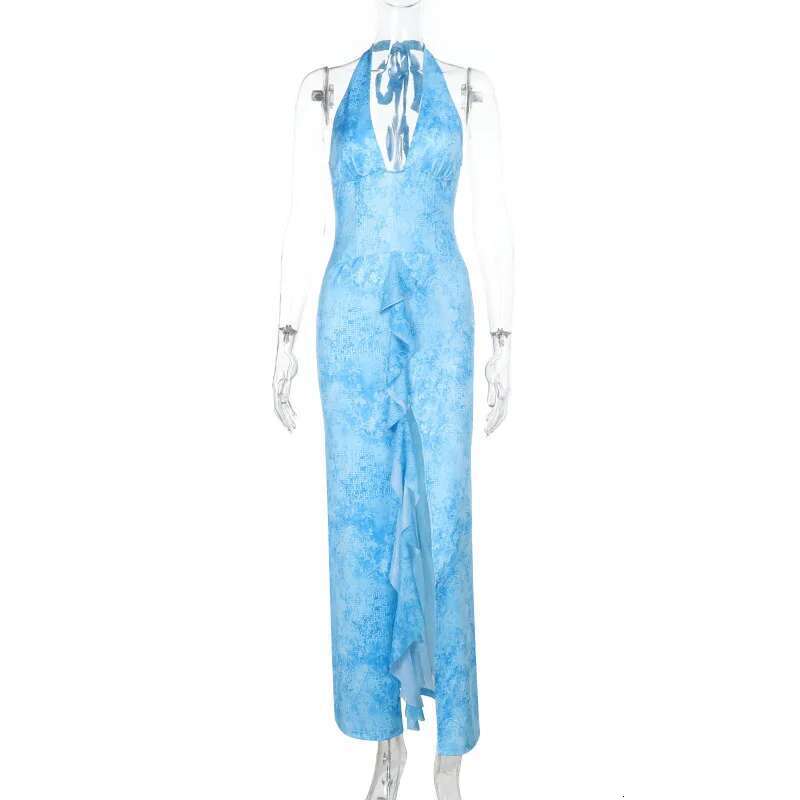 Dongdumaoyi Townlike Print Maxi Long Slim Bodycon Dress Women Halter Spring Summer Ruffles Nightclub Sexy Party Dresses