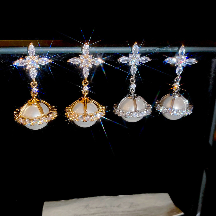 Silver Needle Zircon Flower Pearl Vintage Elegant Exquisite Versatile Light Luxury High-end Feel Women's Earrings - view 8
