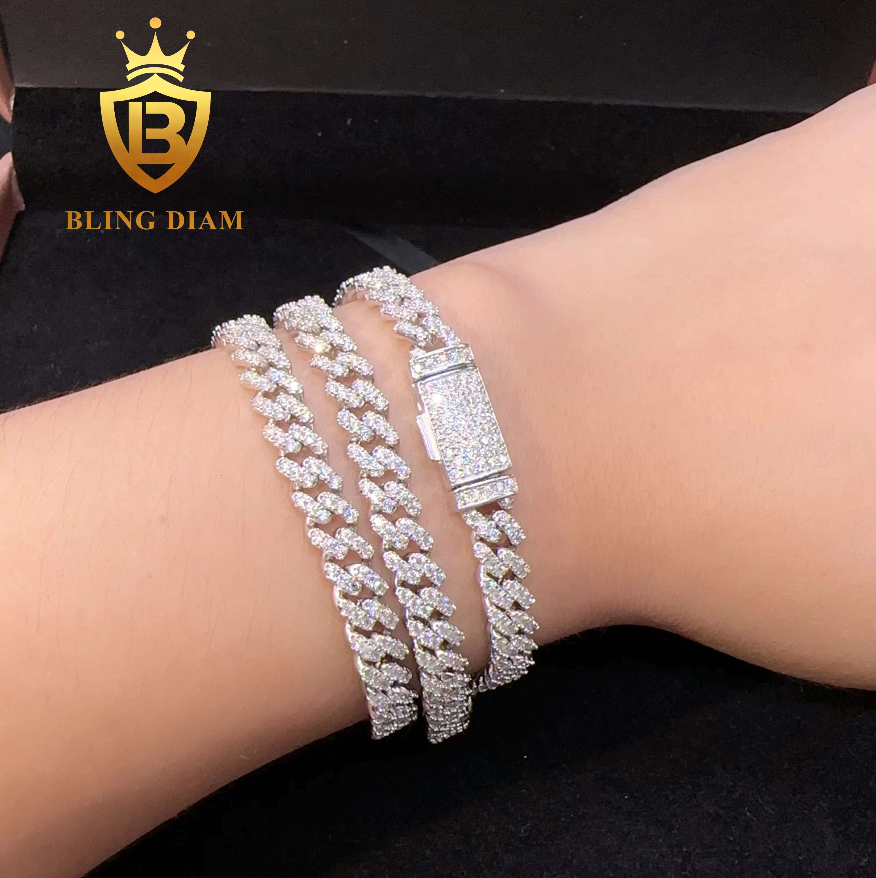 Fashion Hip Pop Jewelry 6mm Width Silver Plated Iced Out Cubic Moissaniteia Brass Cuban Link Chain Bracelet