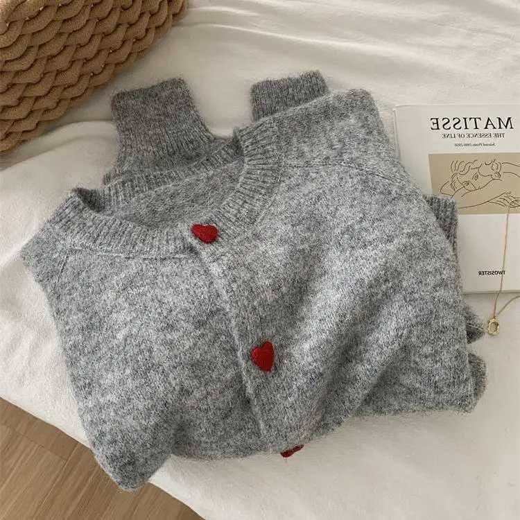 Deep Grey Wool Knitted Cardigan For Women 2025 Autumn Winter Soft And Sticky Warm Love Buckle Shoulder SleevesT251125